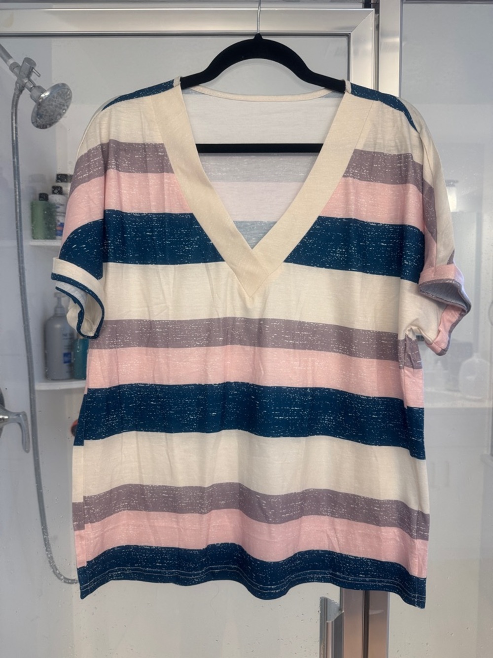 Striped V-Neck Short Sleeve Top - Pink, Blue & Cream
